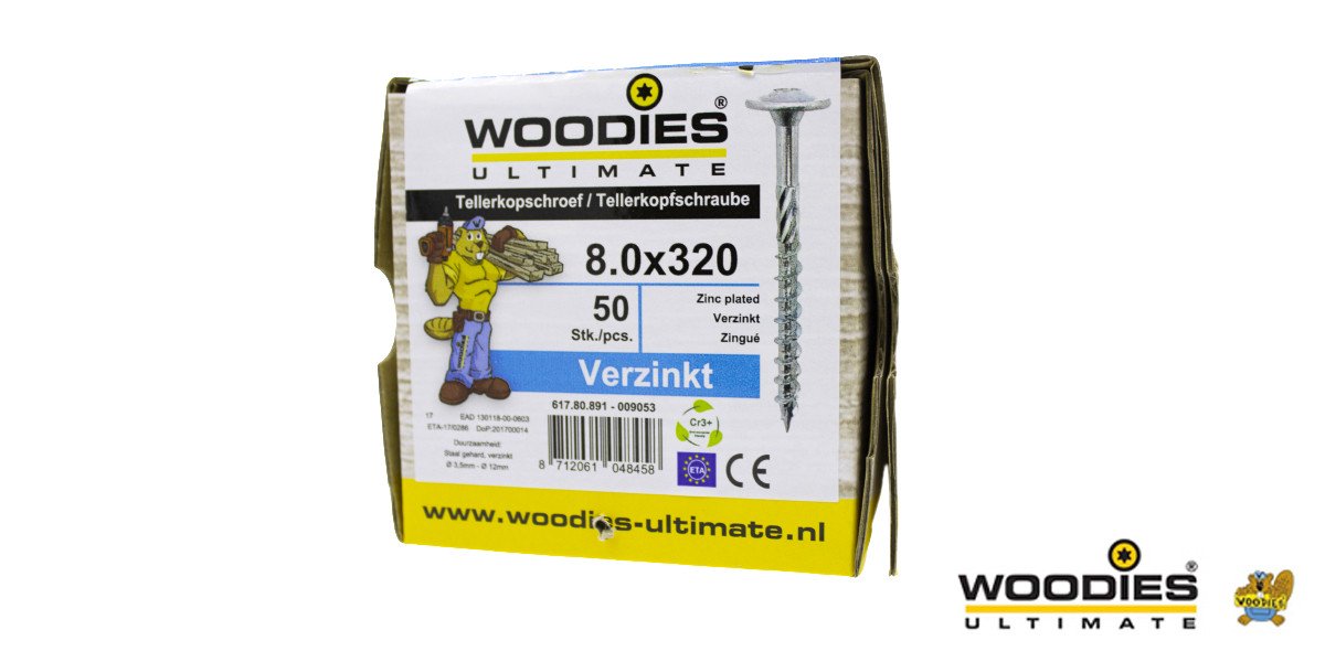 Alternatieve afbeelding voor Woodies Tellerkopschroeven TORX-40 verzinkt 8x320/80mm deeldraad 50 stuks