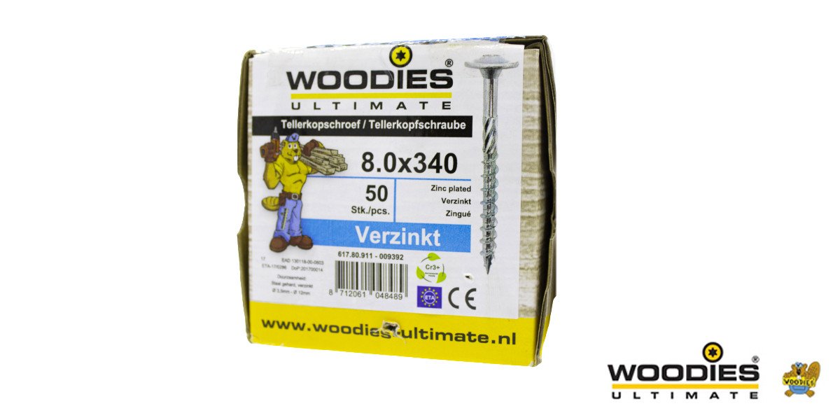 Alternatieve afbeelding voor Woodies Tellerkopschroeven TORX-40 verzinkt 8x340/80mm deeldraad 50 stuks
