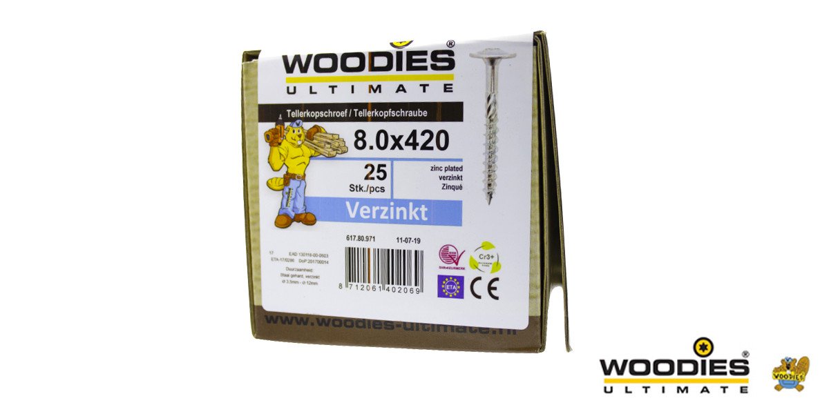 Alternatieve afbeelding voor Woodies Tellerkopschroeven TORX-40 verzinkt 8x420/80mm deeldraad 25 stuks
