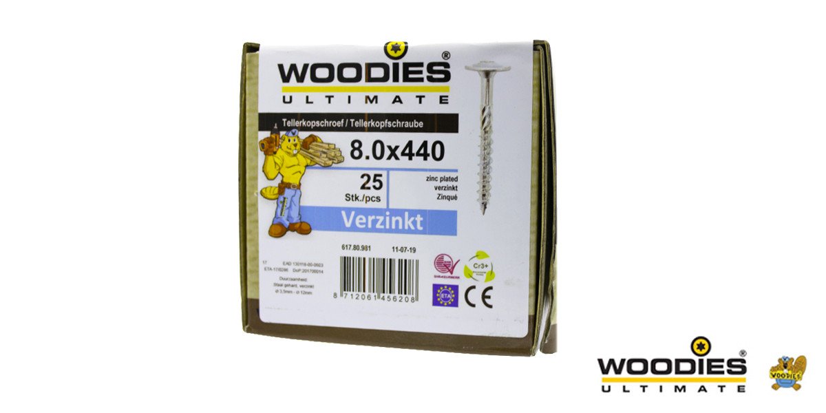 Alternatieve afbeelding voor Woodies Tellerkopschroeven TORX-40 verzinkt 8x440/80mm deeldraad 25 stuks