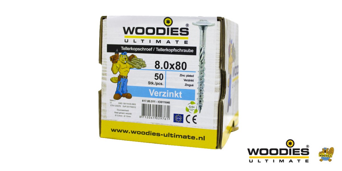 Alternatieve afbeelding voor Woodies Tellerkopschroeven TORX-40 verzinkt 8x80/50mm deeldraad 50 stuks