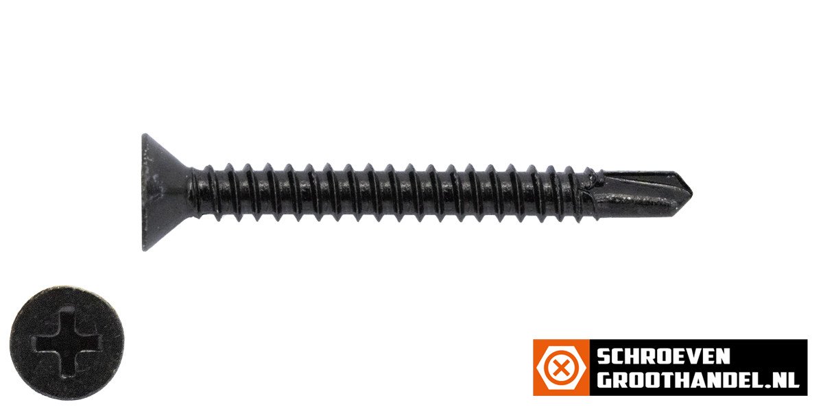 Boorschroeven zwart verzinkt 3,9x32mm platkop philips DIN 7504-P 200 stuks