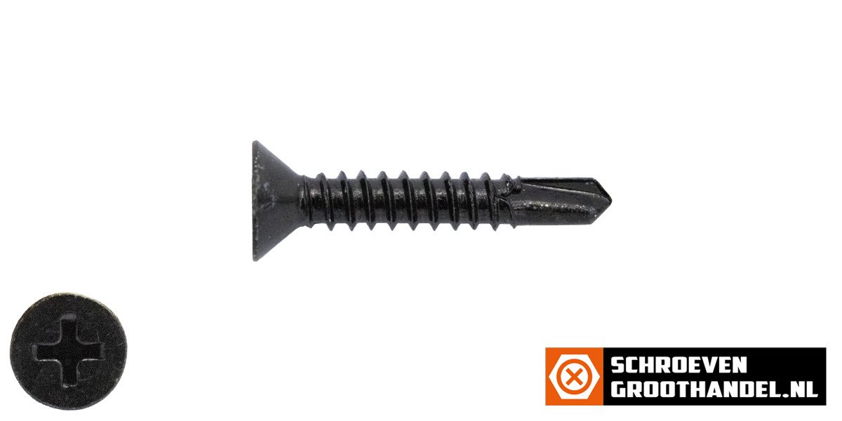 Boorschroeven zwart verzinkt 3,5x25mm platkop philips DIN 7504-P 200 stuks