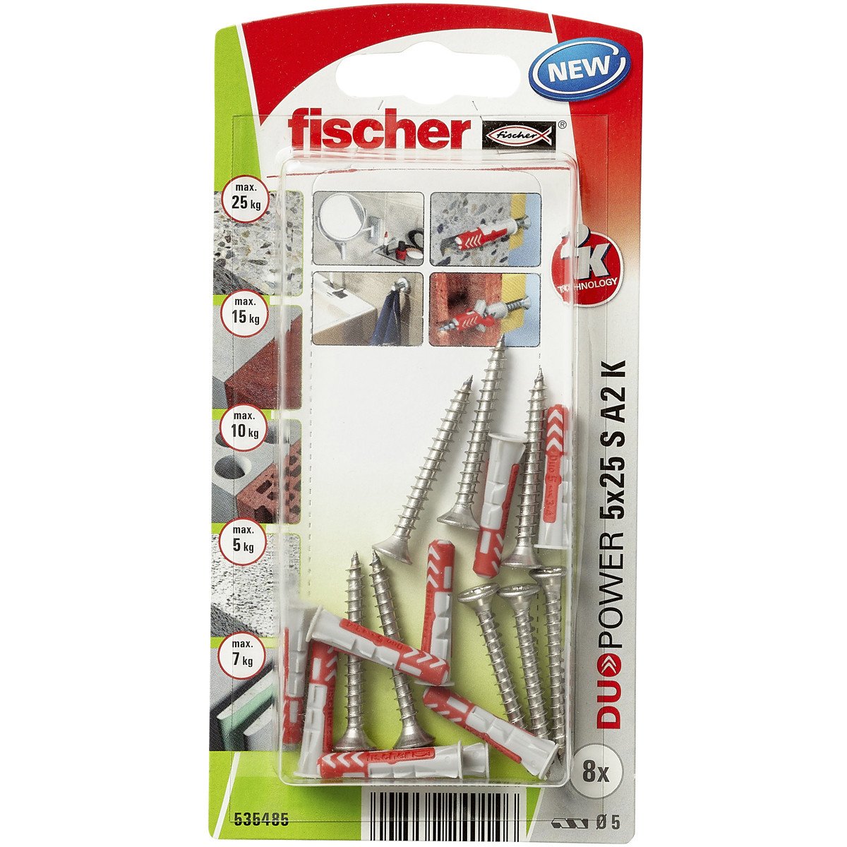 Fischer Duopower pluggen 5x25 S A2 K met A2 schroeven 8 stuks