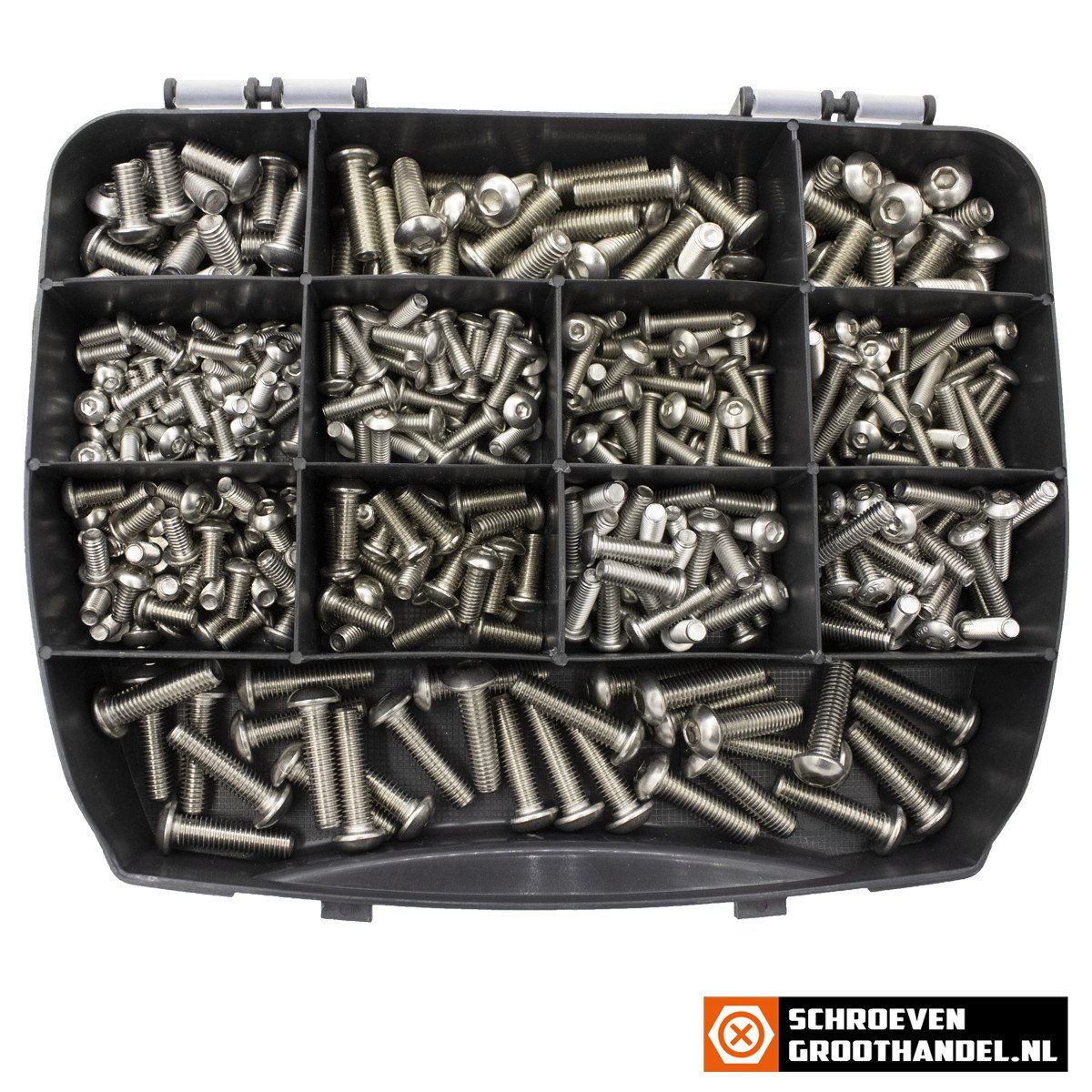 Assortimentskoffer laagbolkopbouten ISO7380 M5-M6-M8 rvs A4 (AISI-316) 415-delig