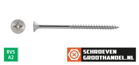 Spaanplaatschroeven 6x80/48mm RVS A2 platkop pozidriv-3 100 stuks