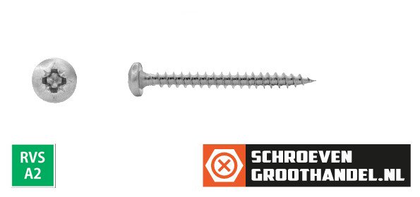 Spaanplaatschroeven 5x45mm RVS A2 rondkop pozidriv-2 200 stuks