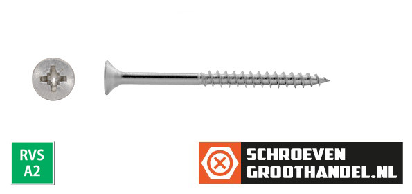 Spaanplaatschroeven 5x65/42mm RVS A2 platkop pozidriv-2 100 stuks