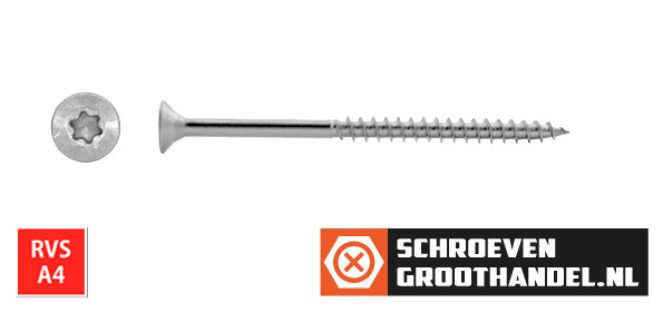 Spaanplaatschroeven 5x80/48mm RVS A4 platkop TORX-25 100 stuks