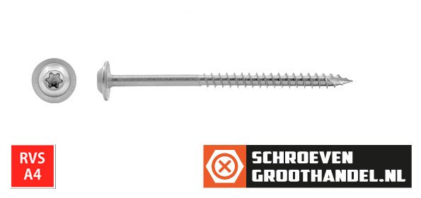 Tellerkopschroeven 6x80/48mm RVS A4 discuskop TORX-25 100 stuks
