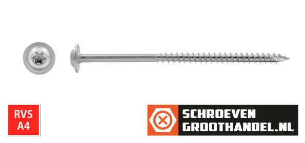 Tellerkopschroeven 8x180/80mm RVS A4 discuskop TORX-40 50 stuks
