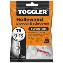 Toggler hollewandpluggen en schroeven TB 9-13 mm 6 stuks